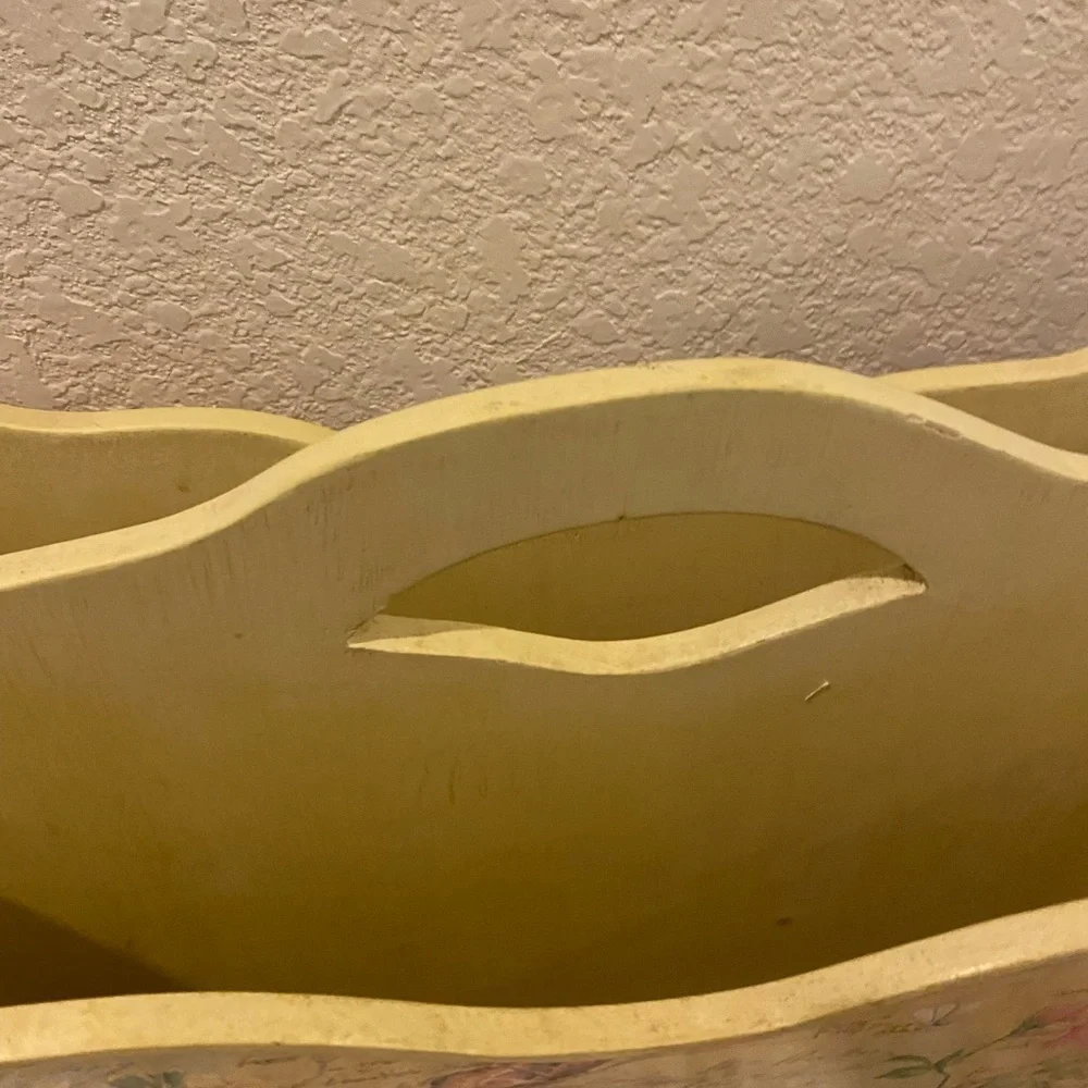Signed Vintage Off 5th Yellow Floral Butterfly Country Wood Magazine Holder 15”H